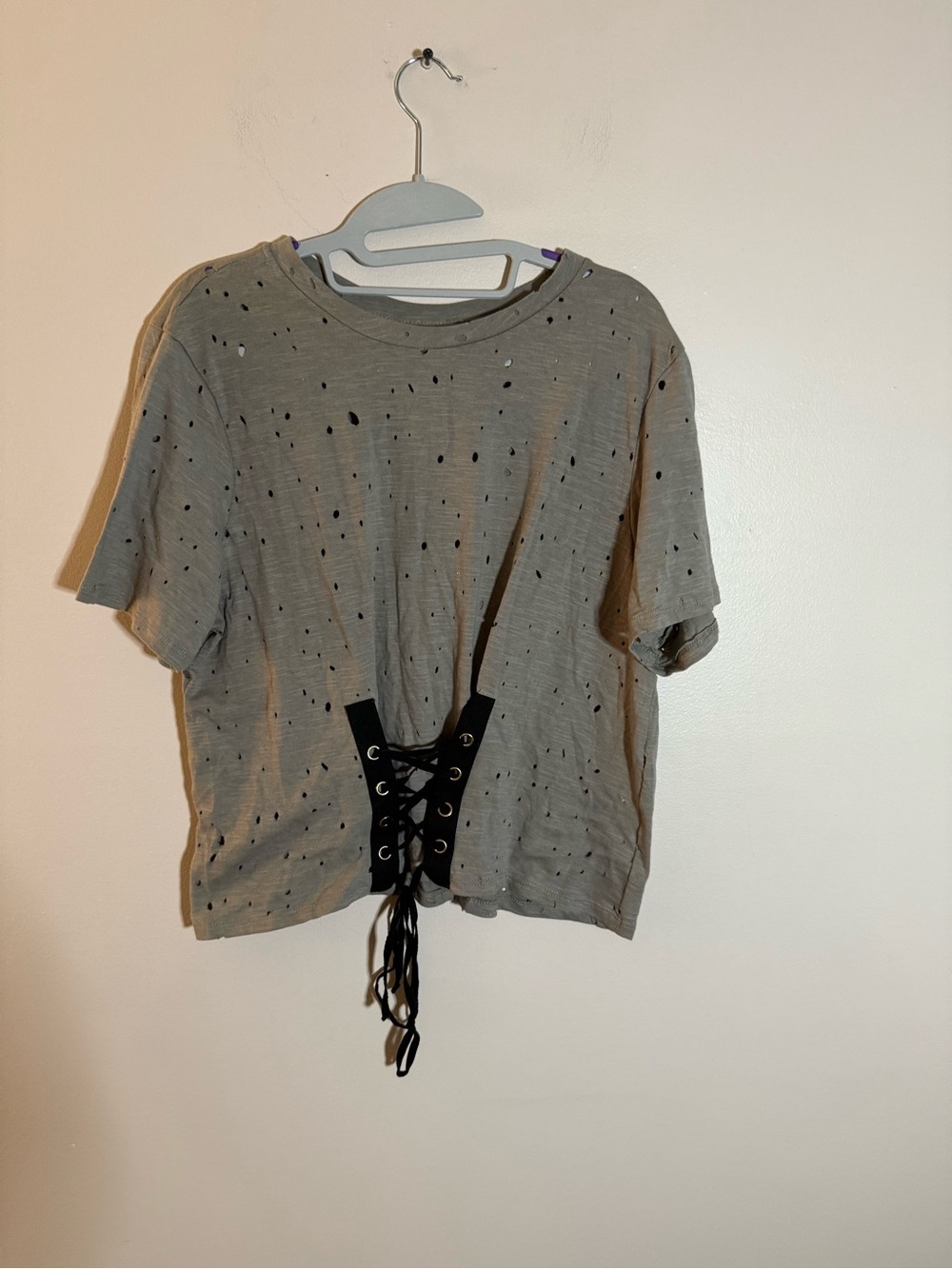 Distressed Lace-Up Tee - Gray with Black Detail